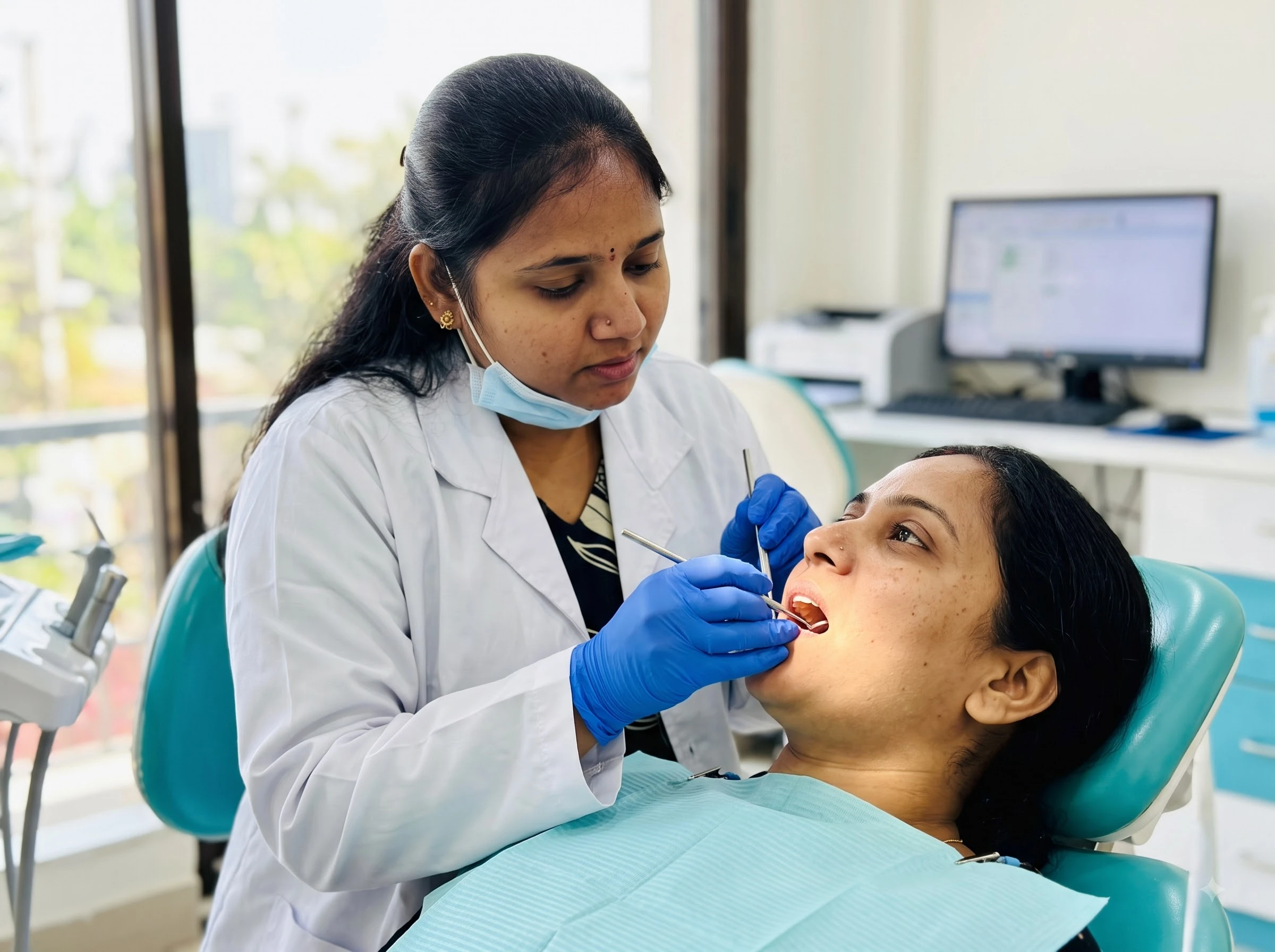Dr. Jyoshna examining dental patient with gentle precision care at SV Dental Clinic Karimnagar